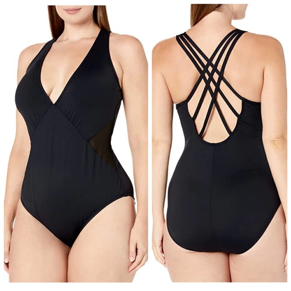 NEW La Blanca Mesh-Merizing‎ Side Mesh Cross-Back Mio One Piece Swimsuits Sz 8